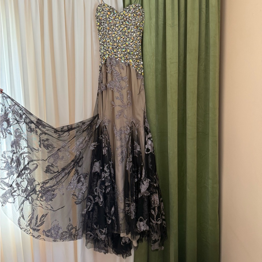 Strapless Floral Gown with Black Lace Overlay